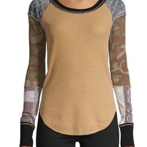 Free People Beige with Patterned Sleeves Top S